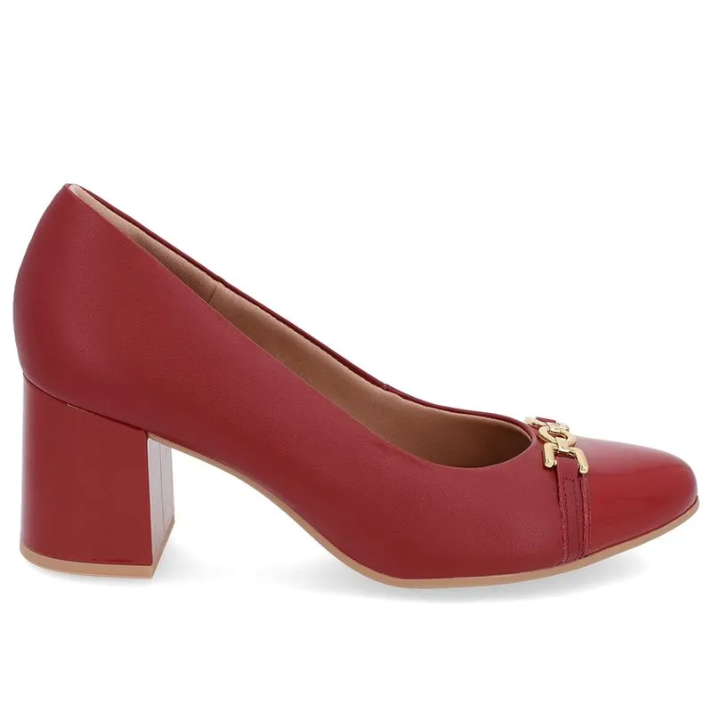 Scarpin Salto Bloco Couro Vermelho Detalhe Verniz 37