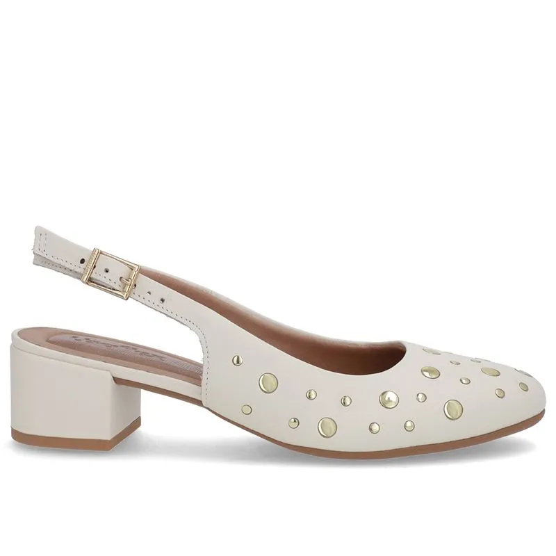 Slingback Branco Marfim Bico Redondo Couro Laser Tachas 40