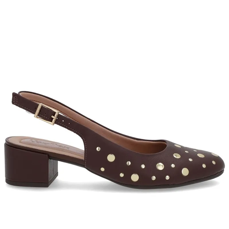 Slingback Marrom Bico Redondo Couro Laser Tachas 34