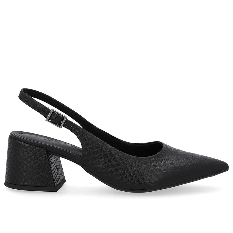 Slingback Preto Textura Bico Fino Couro Detalhe Fivela 37