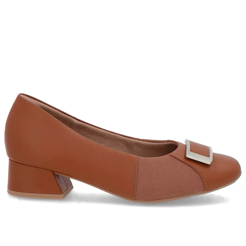 Scarpin Marrom Salto Bloco Couro Lateral Tecido 37