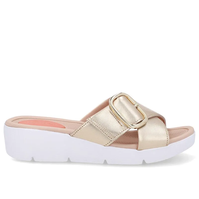 Tamanco Salto Plataforma Couro Dourado Fivela 40