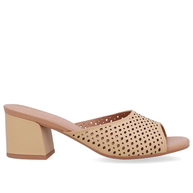 Tamanco Salto Bloco Couro Bege Creme Laser 39