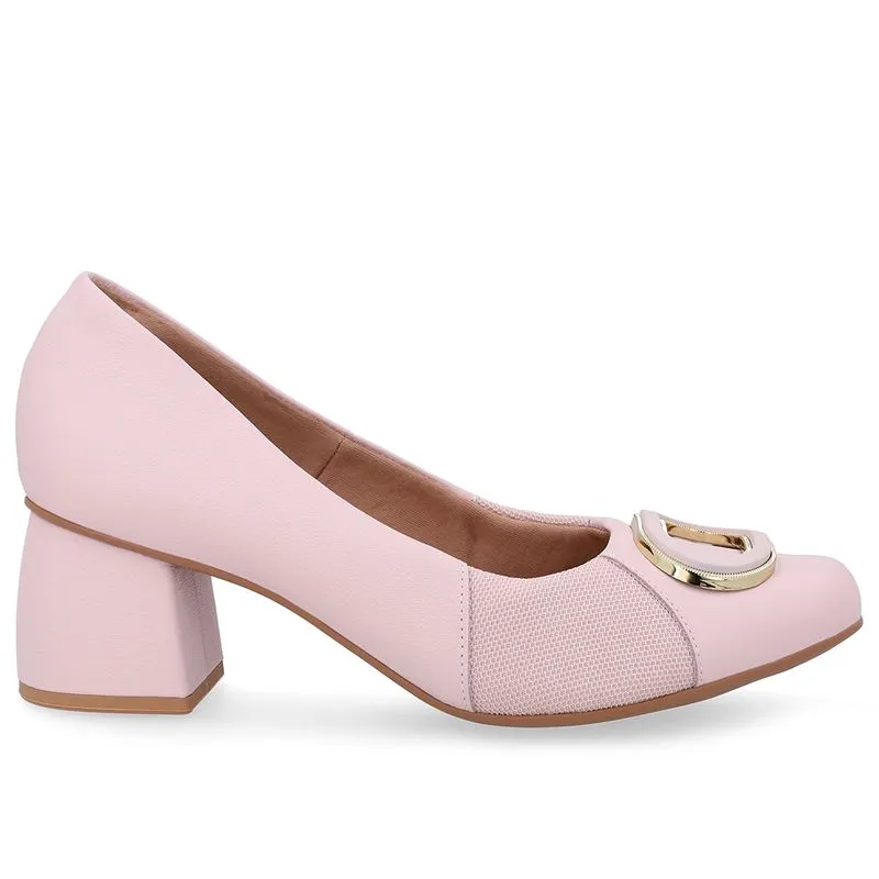 Scarpin Rosa Bico Quadrado Couro Lateral Tecido 35