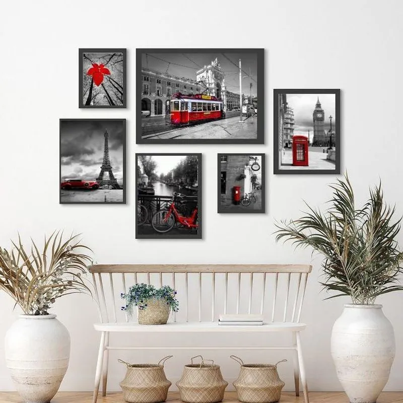 Kit Composição 6 Quadros Fotos Cidades Vermelha - Com Vidro