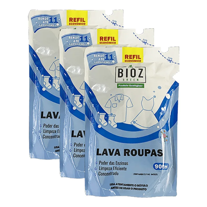 Kit 3x: Lava Roupas Super Concentrado Biodegradável Sachê Bioz Green 900ml