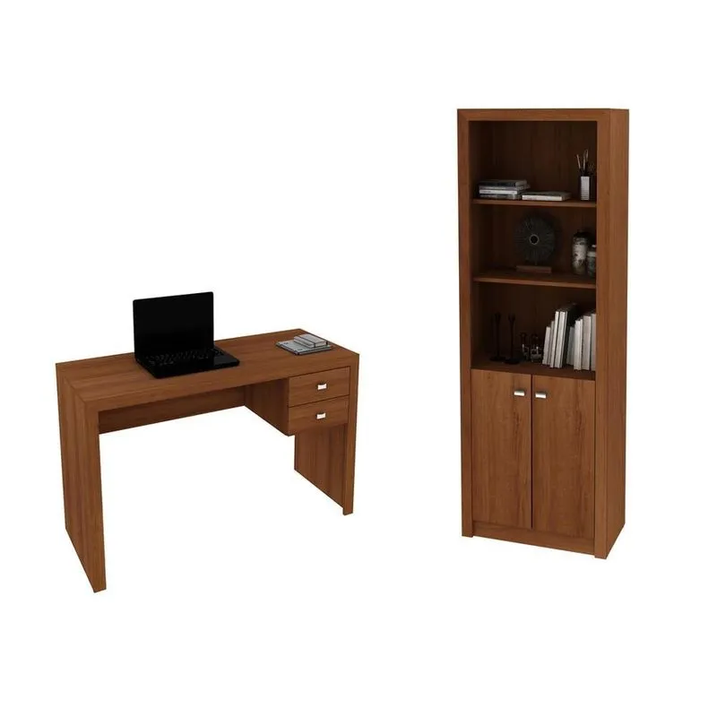Escritório com Mesa para Computador 2 Gavetas Com Armário Pareteleira 2 Portas Amendoa - FdECOR