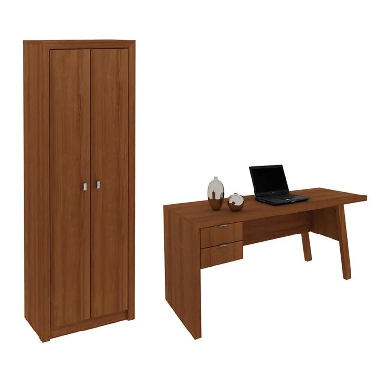 Escritório com Mesa para Computador 2 Gavetas Com Armário 2 Portas Amendoa - FdECOR
