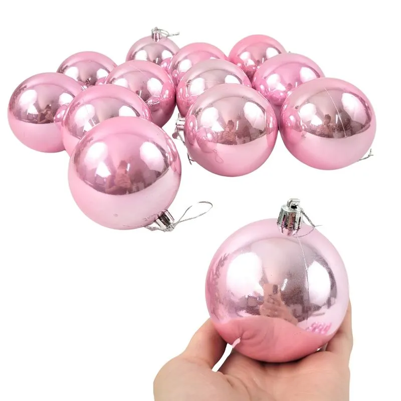 Kit 12 Bola De Natal Rosa Brilhante 8cm Para Árvore