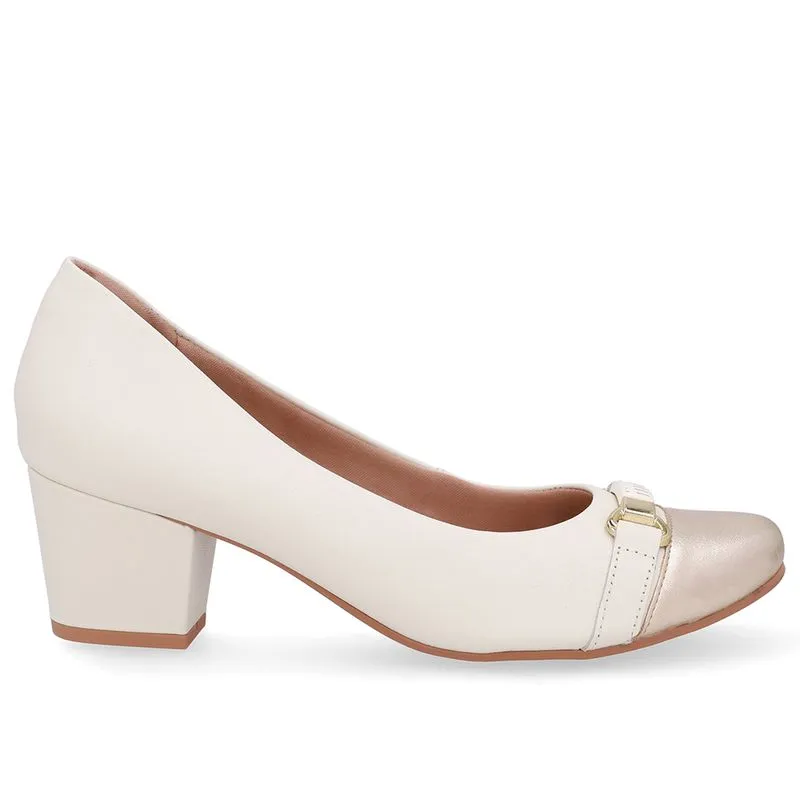 Scarpin Couro Branco Marfim Dourado Salto Bloco 41