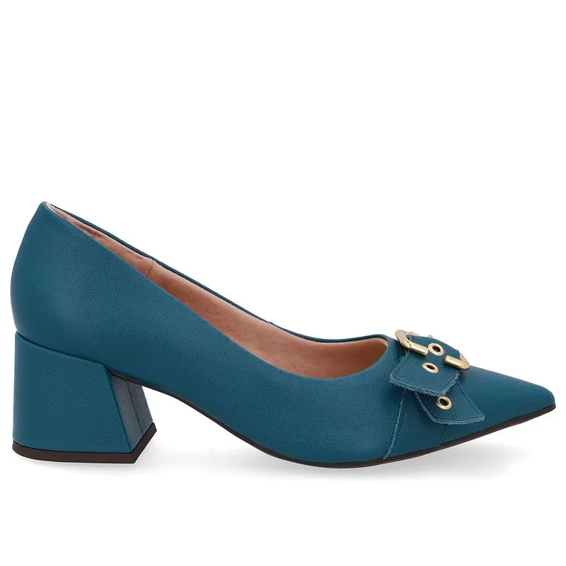 Scarpin Azul Salto Bico Fino Fivela 34