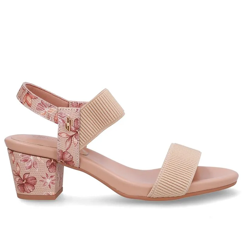 Sandália Salto Bloco Couro Floral Elástico 35