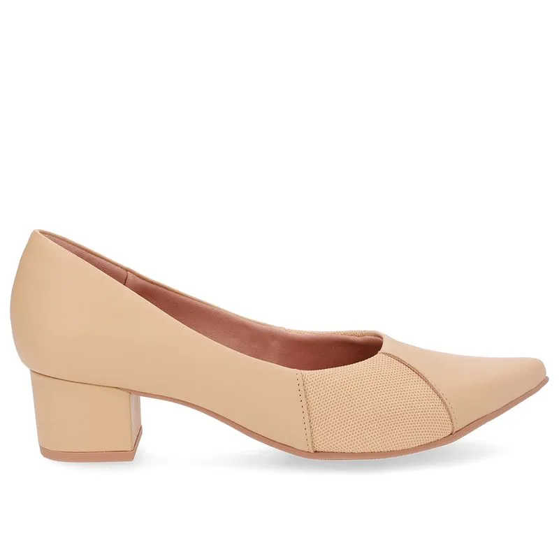Scarpin Couro Bege Bico Fino Lateral Tecido 36
