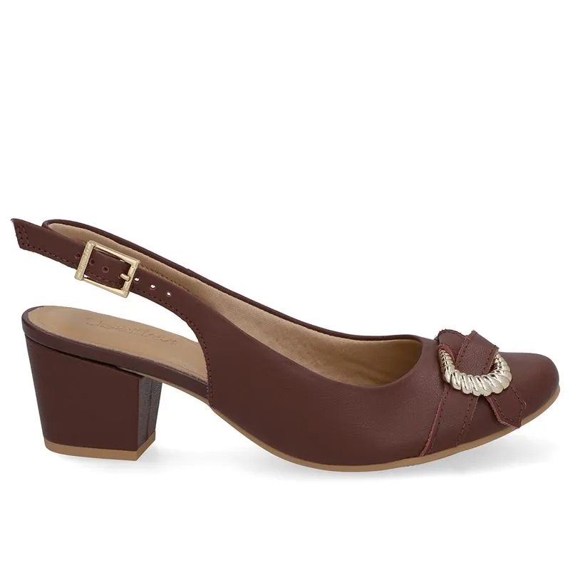 Slingback Couro Vermelho Salto Bloco Enfeite 36