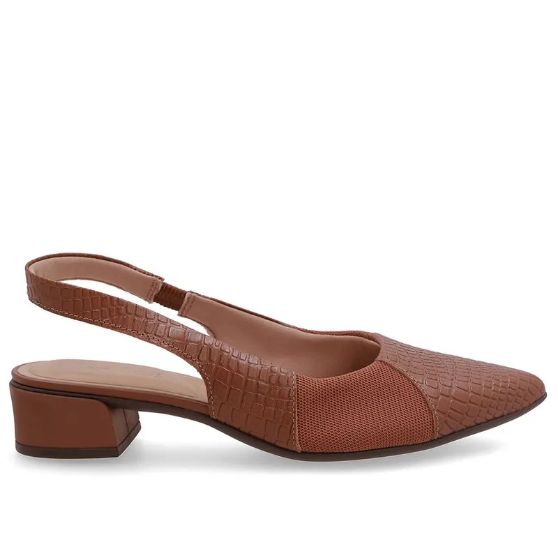 Slingback Em Couro Mini Croco Marrom Com Tecido 36