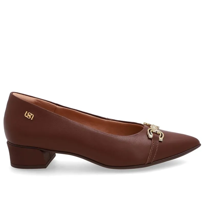 Scarpin Em Couro Marrom Anis Bico Fino Com Enfeite 36