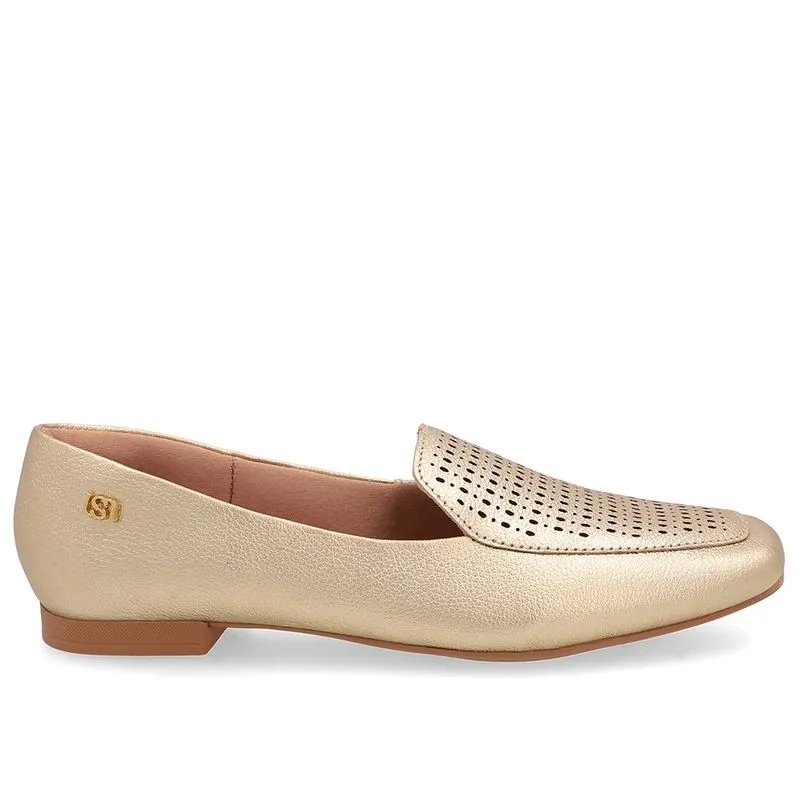 Loafer Em Couro Dourado Bico Quadrado Com Laser 34