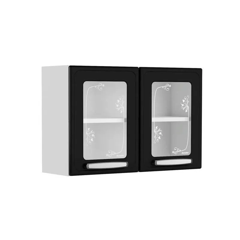 Armário Aéreo p/ Cozinha Evidence 7006 c/ 2 Portas c/ Vidro 80cm Branco/Preto - Bertolini