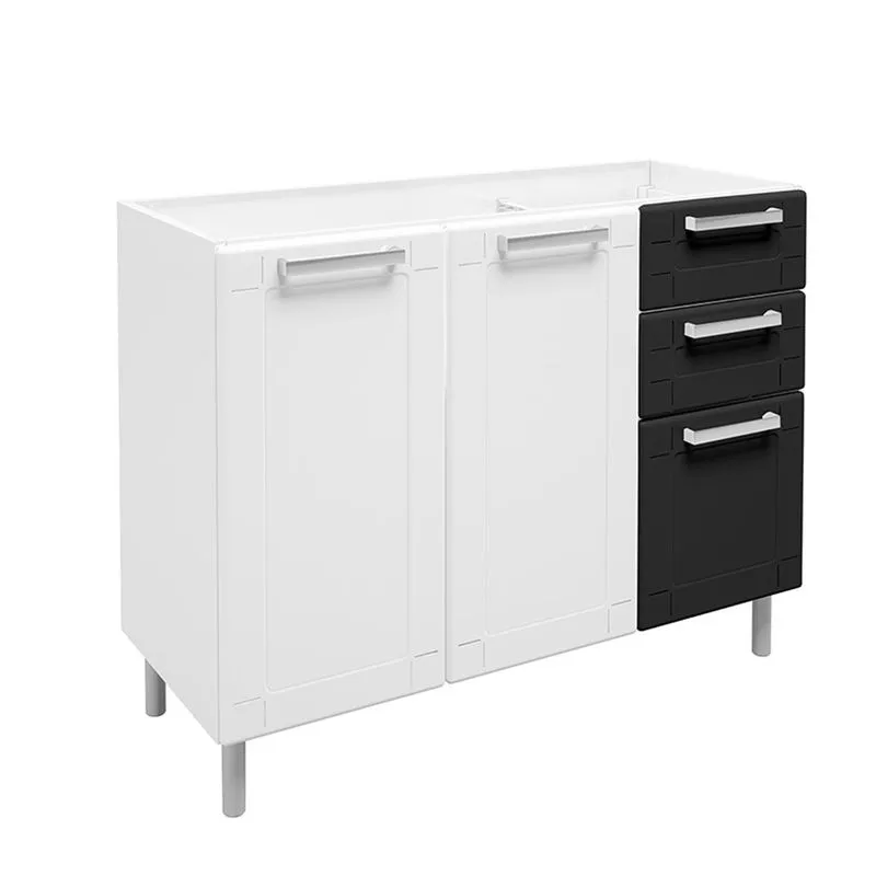Balcão de Cozinha sem Tampo e Pia 3 Portas de Bater 2 Gavetas Múltipla Bertolini Branco/Preto