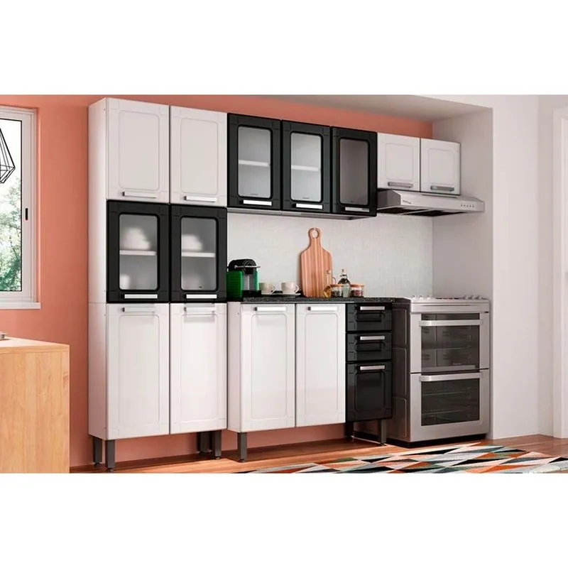 Cozinha Completa Múltipla 4 Peças (2Aéreo+1Balcão+1Paneleiro) C4P80 Branco/Preto - Bertolini