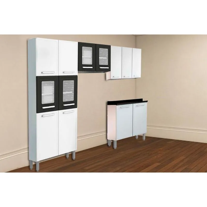 Cozinha Modulada Bertolini Gourmet 4 Peças (2 Armários + 1 Balcão + 1 Paneleiro) C4P66 Branco/Preto