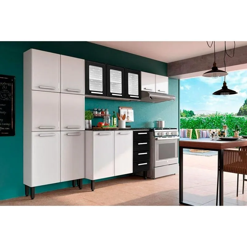 Cozinha Modulada Bertolini Gourmet 4 Peças (2 Armários + 1 Balcão + 1 Paneleiro) C4P63 Branco/Preto