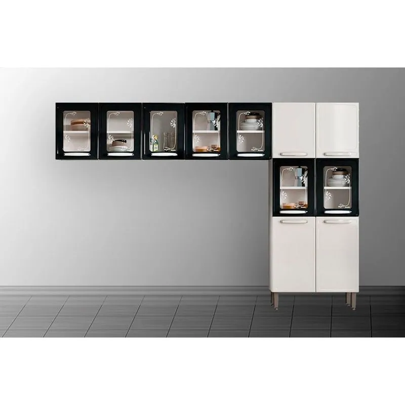 Kit de Cozinha Modulada 3 Peças Evidence (2 Armários + 1 Paneleiro) CPT62 Branco/Preto - Bertolini