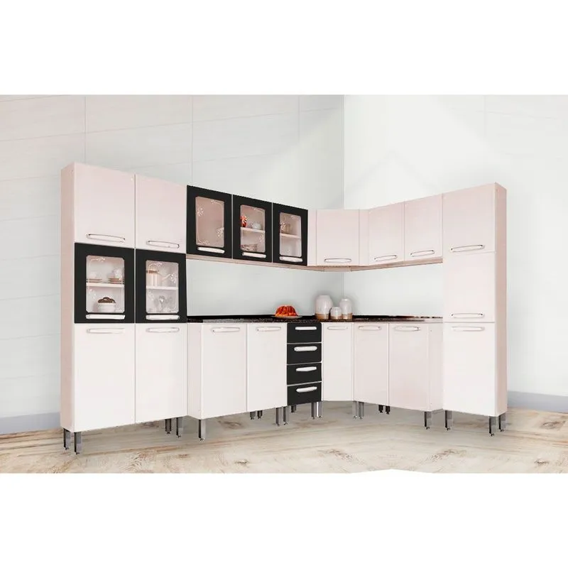 Kit de Cozinha Modulada 8 Peças Evidence (3 Armários + 3 Balcões + 2 Paneleiros) C8P22 Branco/Preto - Bertolini
