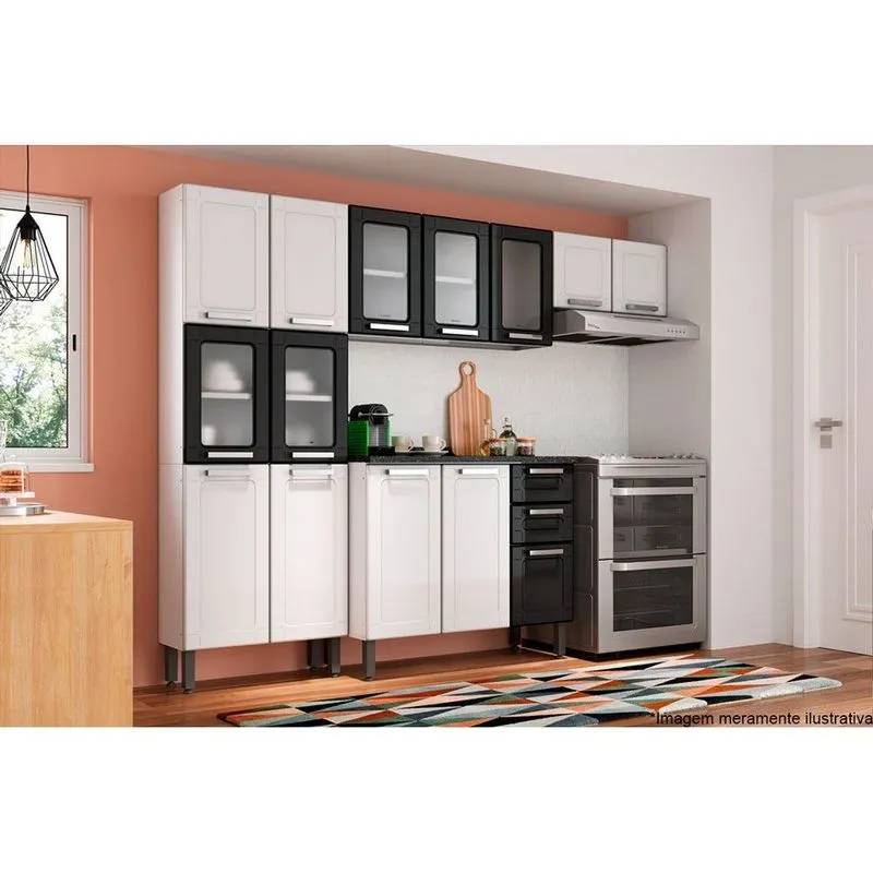 Kit de Cozinha Modulada 4 Peças Múltipla (2 Armários + 1 Balcão + 1 Paneleiro) C4P83 Branco/Preto - Bertolini