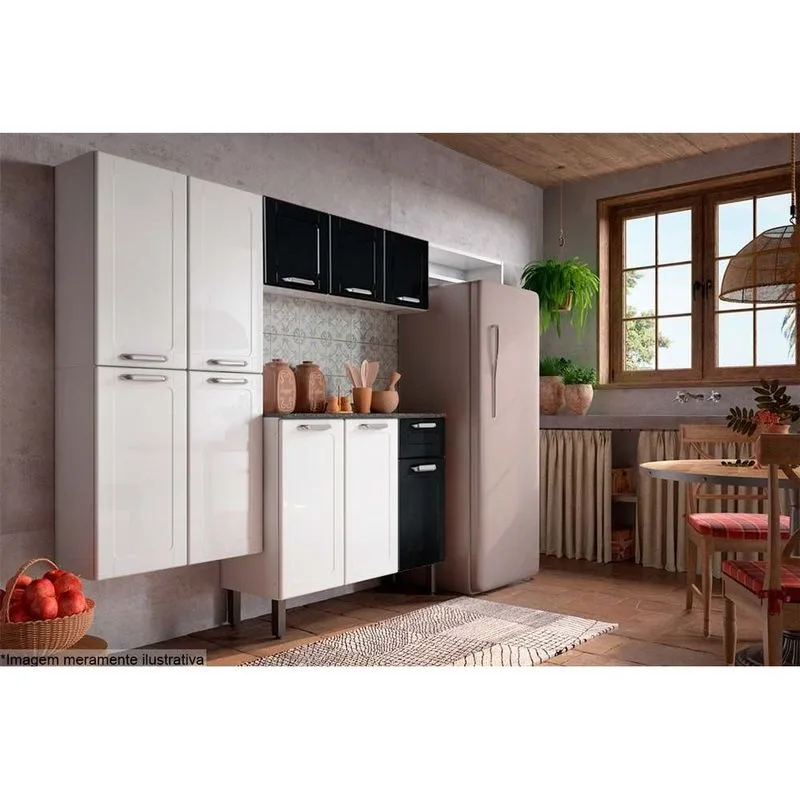 Kit de Cozinha Modulada 4 Peças Dona Maria (1 Armário + 1 Balcão + 1 Paneleiro + 1 Complemento) C4P91 Branco/Preto - Bertolini