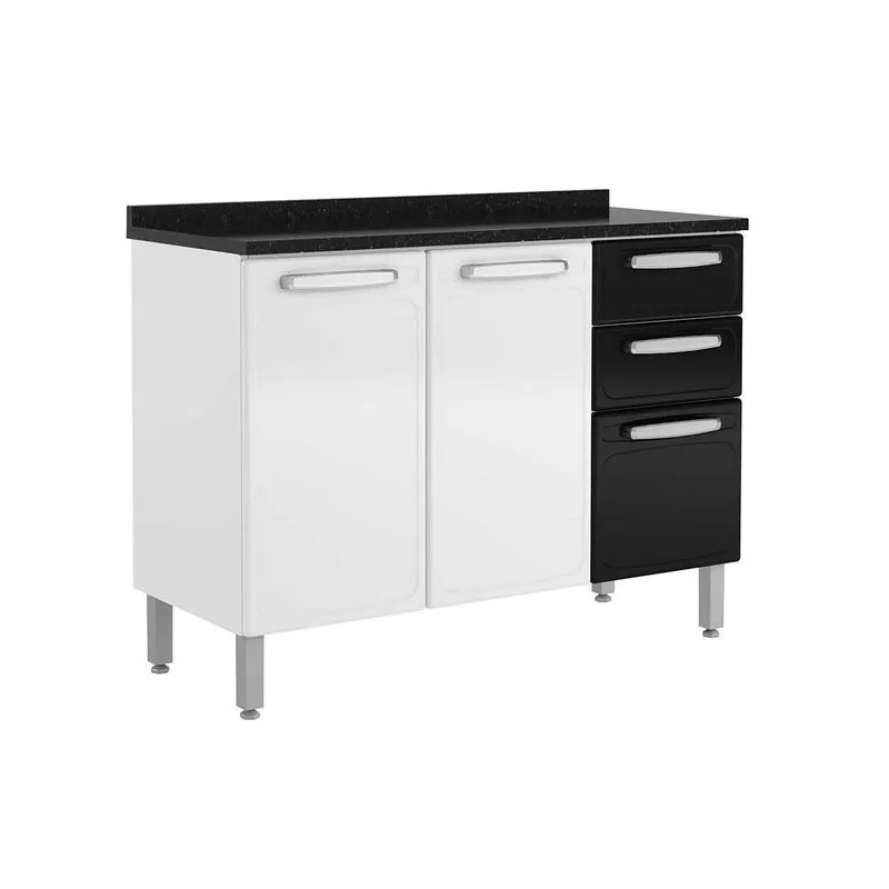 Gabinete de Cozinha Modulado Balcão Evidence 7124 3 Portas e 2 Gavetas c/ Tampo 120cm Branco/Preto - Bertolini