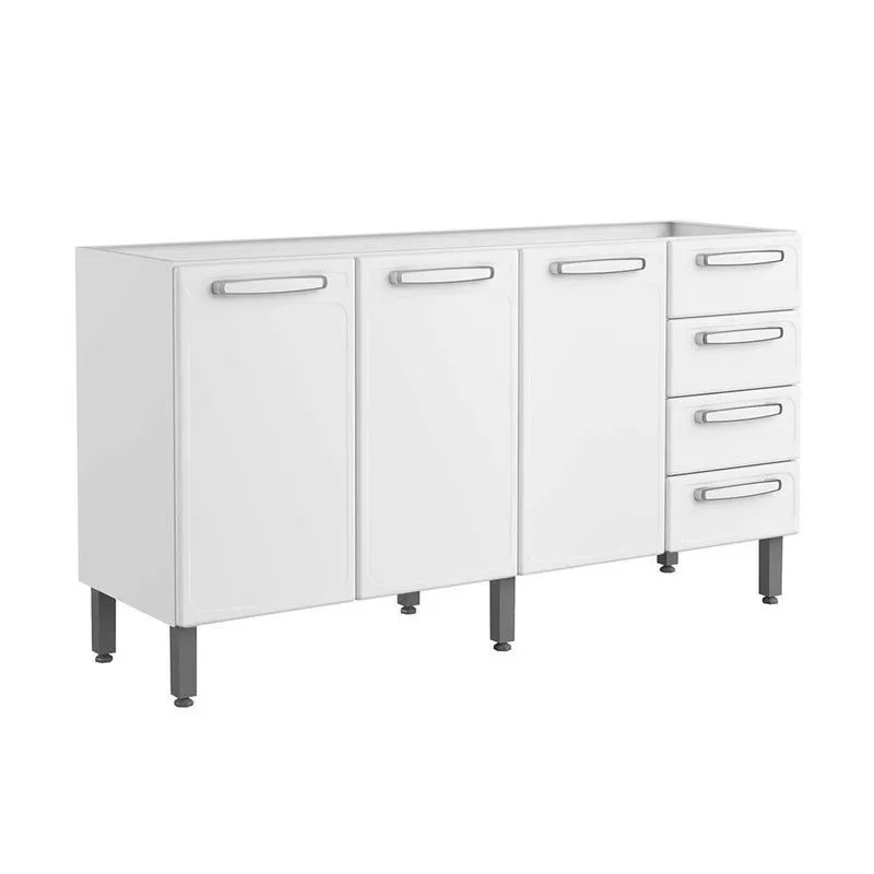 Gabinete de Cozinha Modulado Balcão Evidence 7028 3 Portas 4 Gavetas s/ Tampo Branco - Bertolini