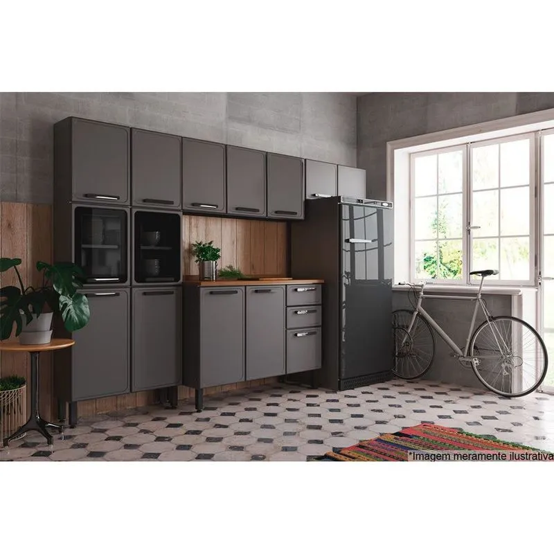 Kit de Cozinha Completa 4 Peças Estilo (2 Armários + 1 Balcão + 1 Paneleiro) C4P104 Cinza/Grafite - Bertolini