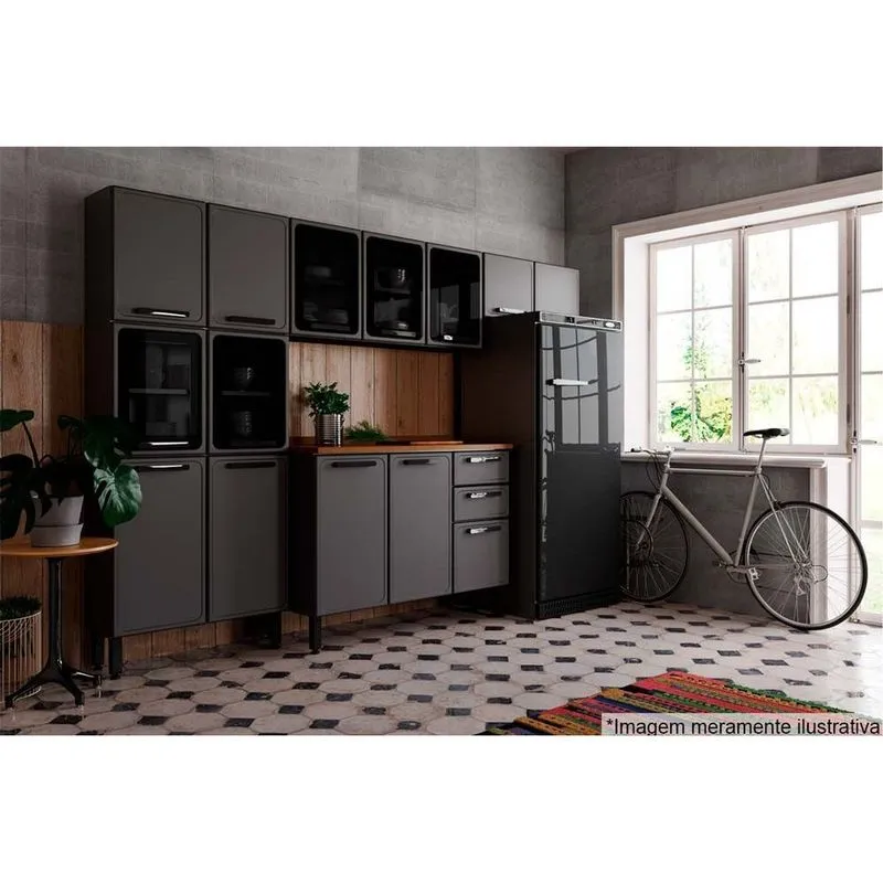 Kit de Cozinha Completa 4 Peças Estilo (2 Armários + 1 Balcão + 1 Paneleiro) C4P97 Cinza/Grafite - Bertolini