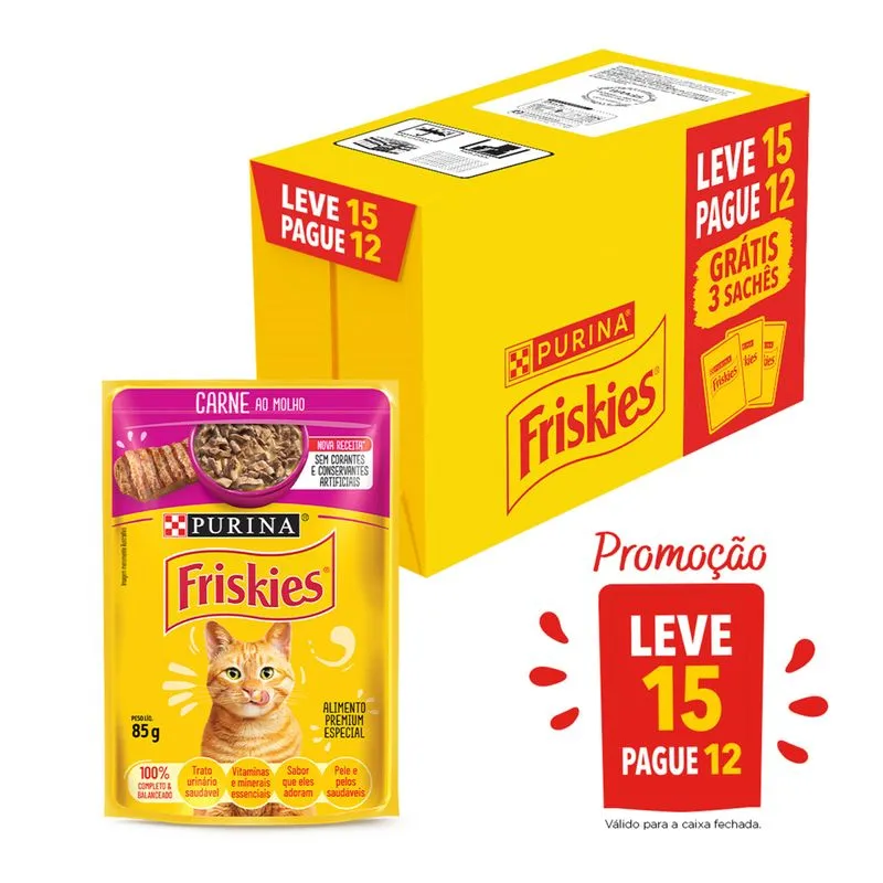 Alimento para Gatos Adultos Purina Friskies Carne ao Molho Sachê 85gLeve 15 Pague 12 Unidades