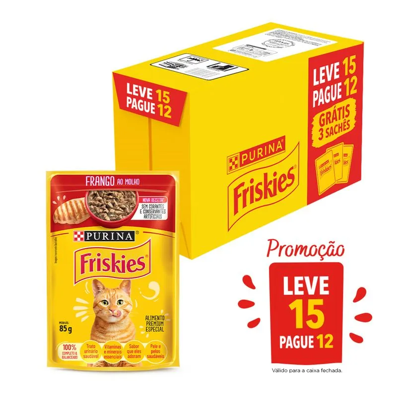 Alimento para Gatos Adultos Purina Friskies Frango ao Molho Sachê 85gLeve 15 Pague 12 Unidades
