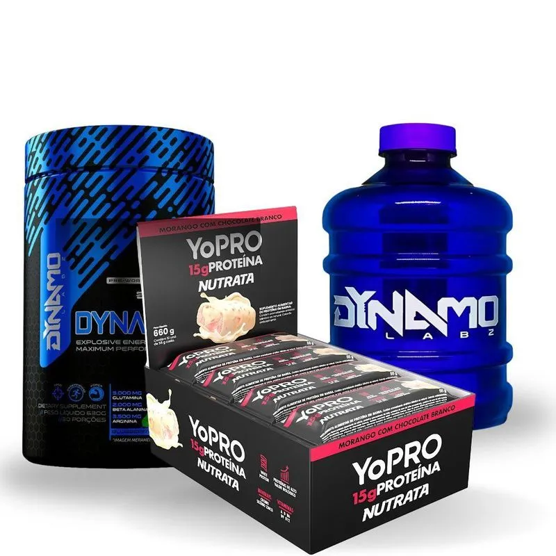 Kit Pré Treino Dynatron 630g+12 Barras Yopro Nutrata+galão