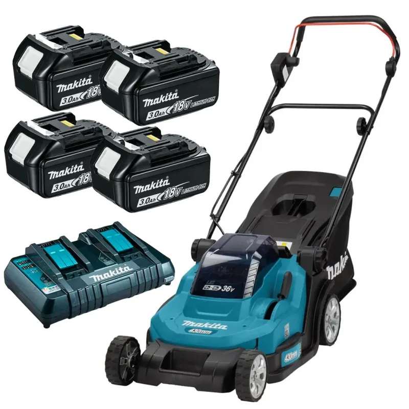 Cortador Grama À Bateria 36V C/ Recolhedor DLM432Z + 4 Baterias 3AH BL1830B + Carregador Duplo DC18RD - Makita