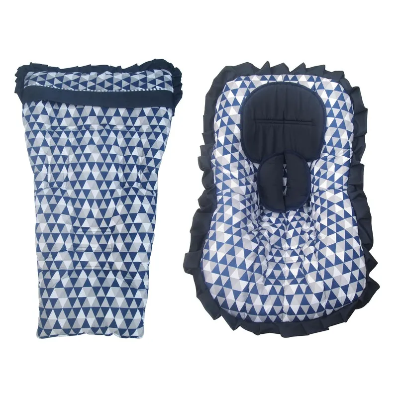 Capa Carrinho+Capa Bebê Conforto Azul Marinho Com Triângulos