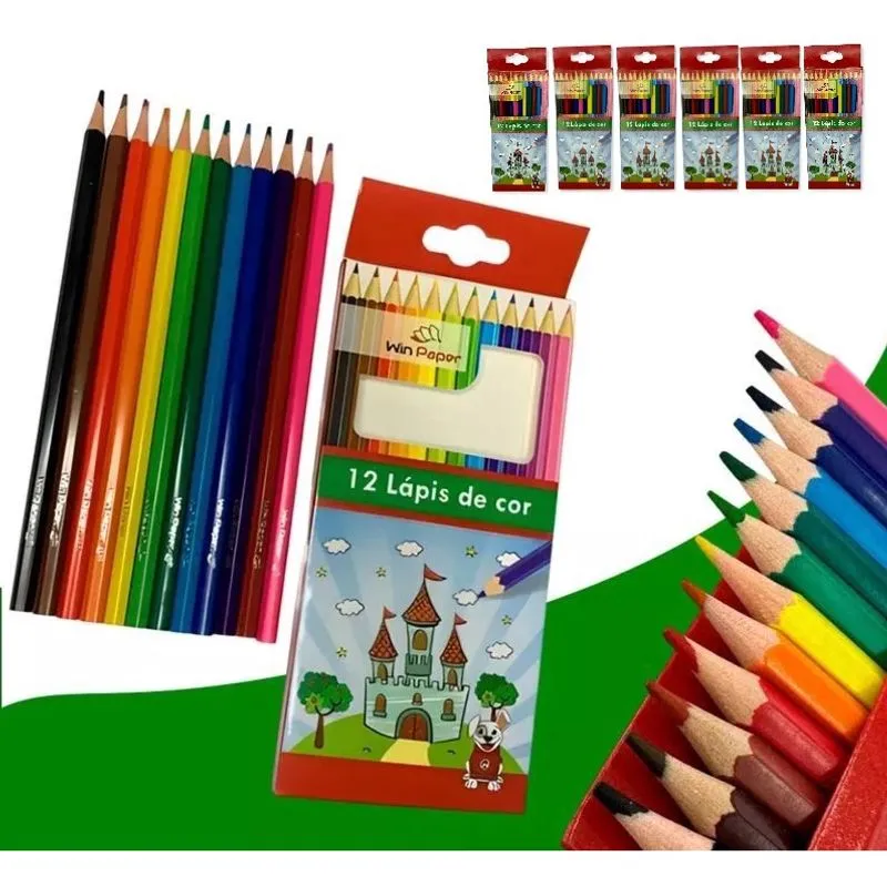 Kit 6 Caixas de Lápis de Cor Escolar com 12 Cores Pinturas