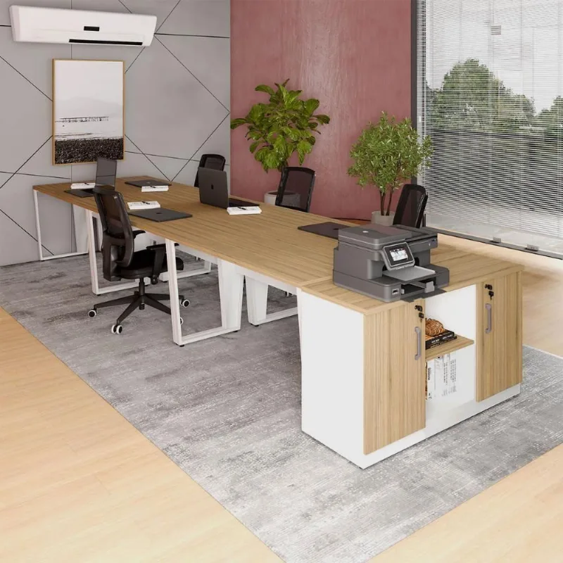Plataforma para Escritório com Armário 2 Portas MDP Macadâmia com Branco F5 Office para 6 Pessoas