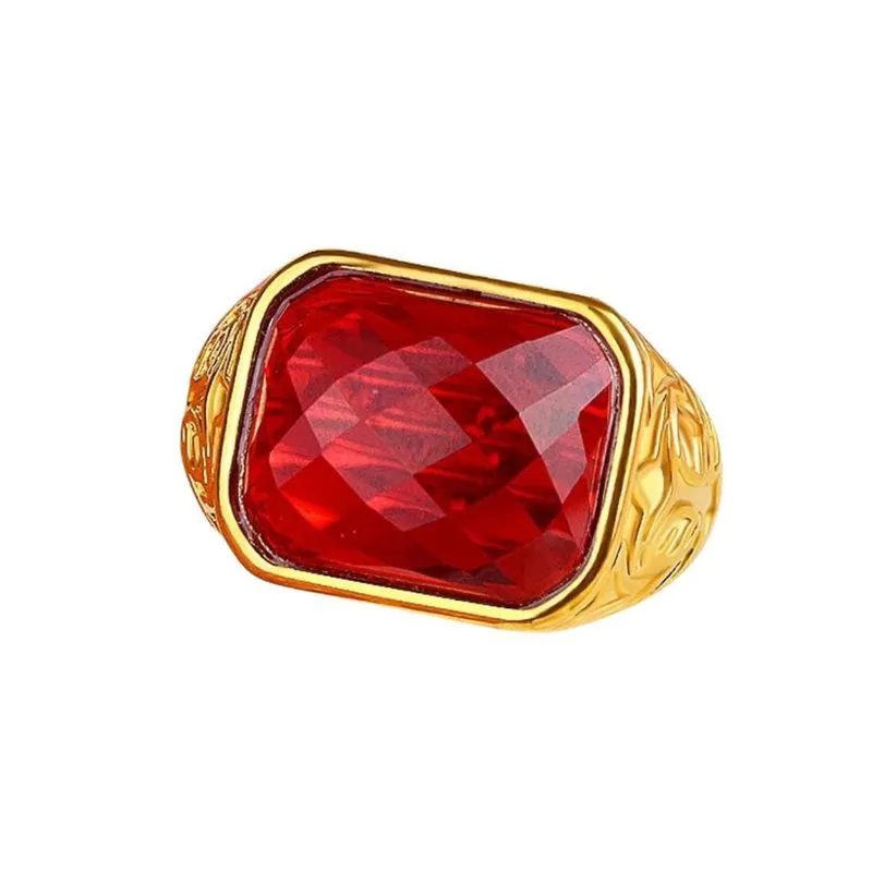 Anel Masculino Dourado Pedra Vermelha Banhado Ajustável