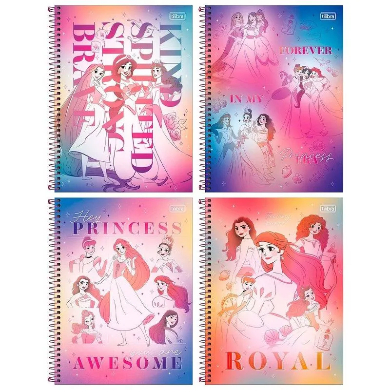 Caderno Espiral Tilibra Universitário Capa Dura Princesas 1 Matéria 80 Folhas - Embalagem Com 4 Unidades