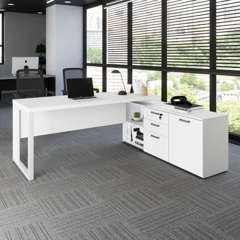 Mesa Para Escritório Em L Com Armário Lateral 3 Gavetas 170cm Branco F5 Office