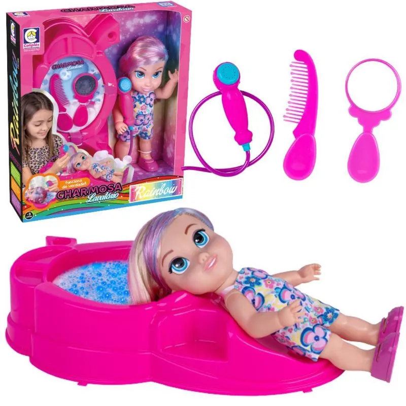 Boneca Charmosa Lavatório Sai Agua Cabeleireira Penteados
