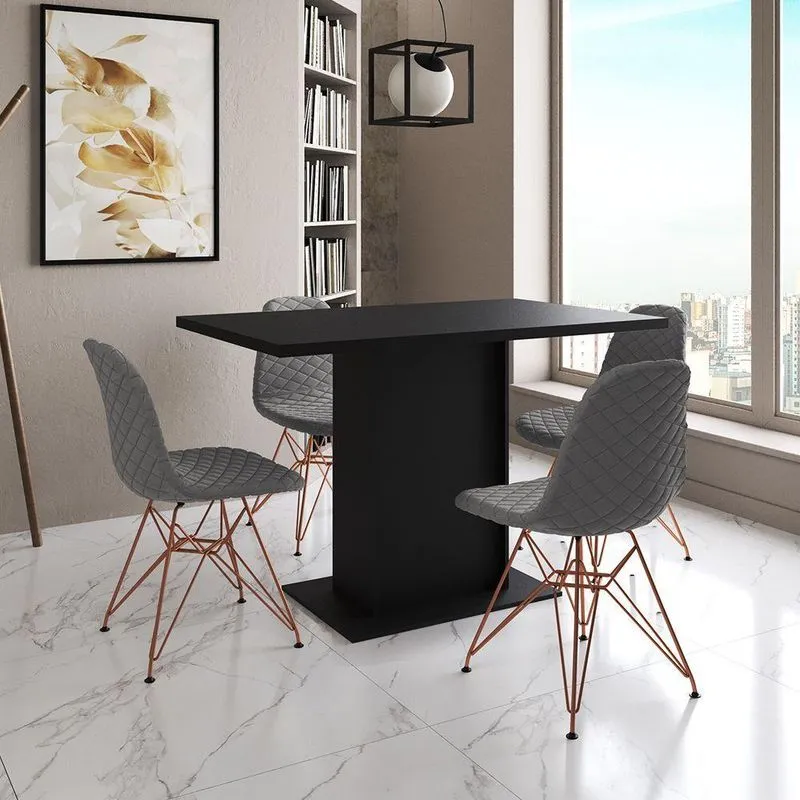 Mesa Jantar Londres Tampo Preto 120cm 4 Cadeiras Base Cobre Estofado Grafite