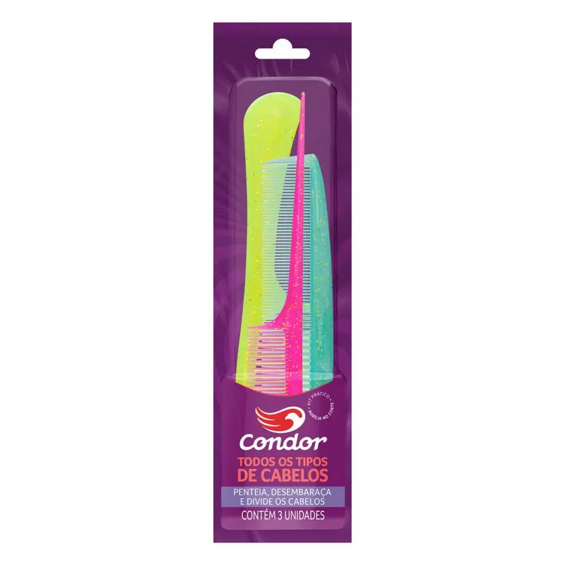 Kit Pente Para Cabelo Com Glitter Condor 3 Unidades