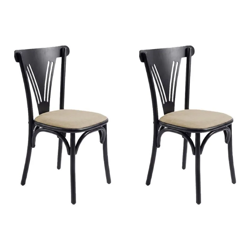 Kit 2 Cadeiras Paris Estrutura Aco Assento Corano Preta e Bege Iron Wood