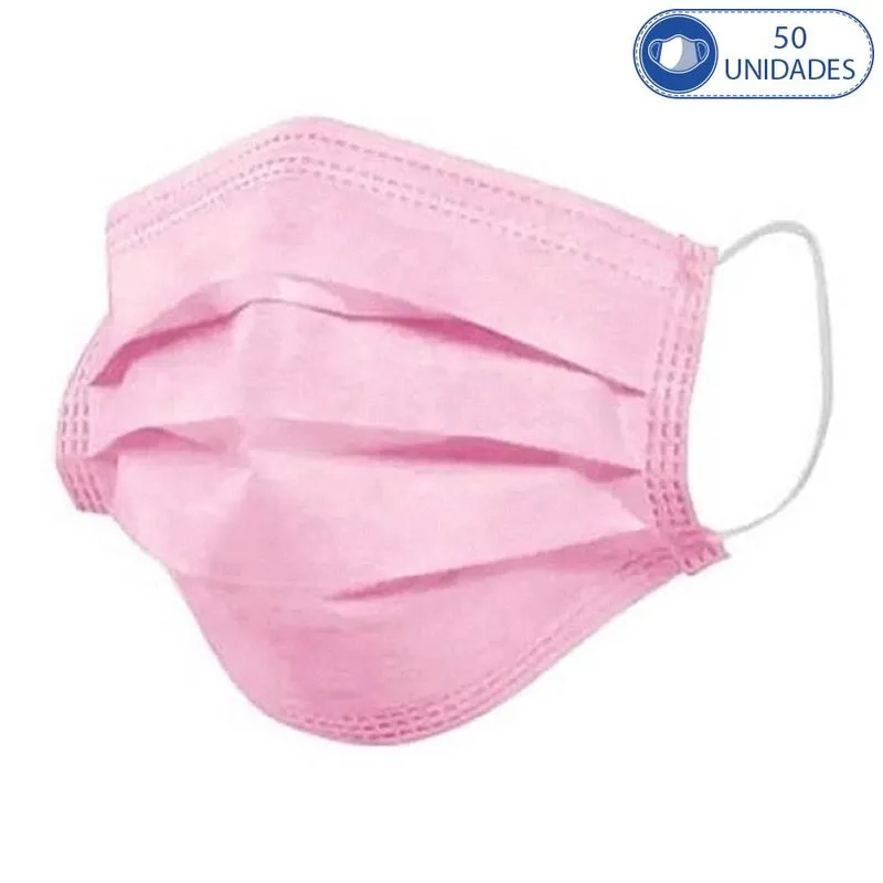 50 Máscaras Cirúrgicas Rosa Descartáveis Tripla Camada Com Filtro e Clip Nasal