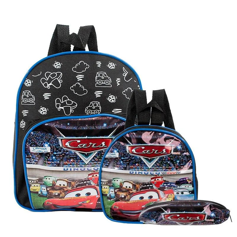 Mochila Escolar Carros McQueen Costas Kit Lancheira + Estojo